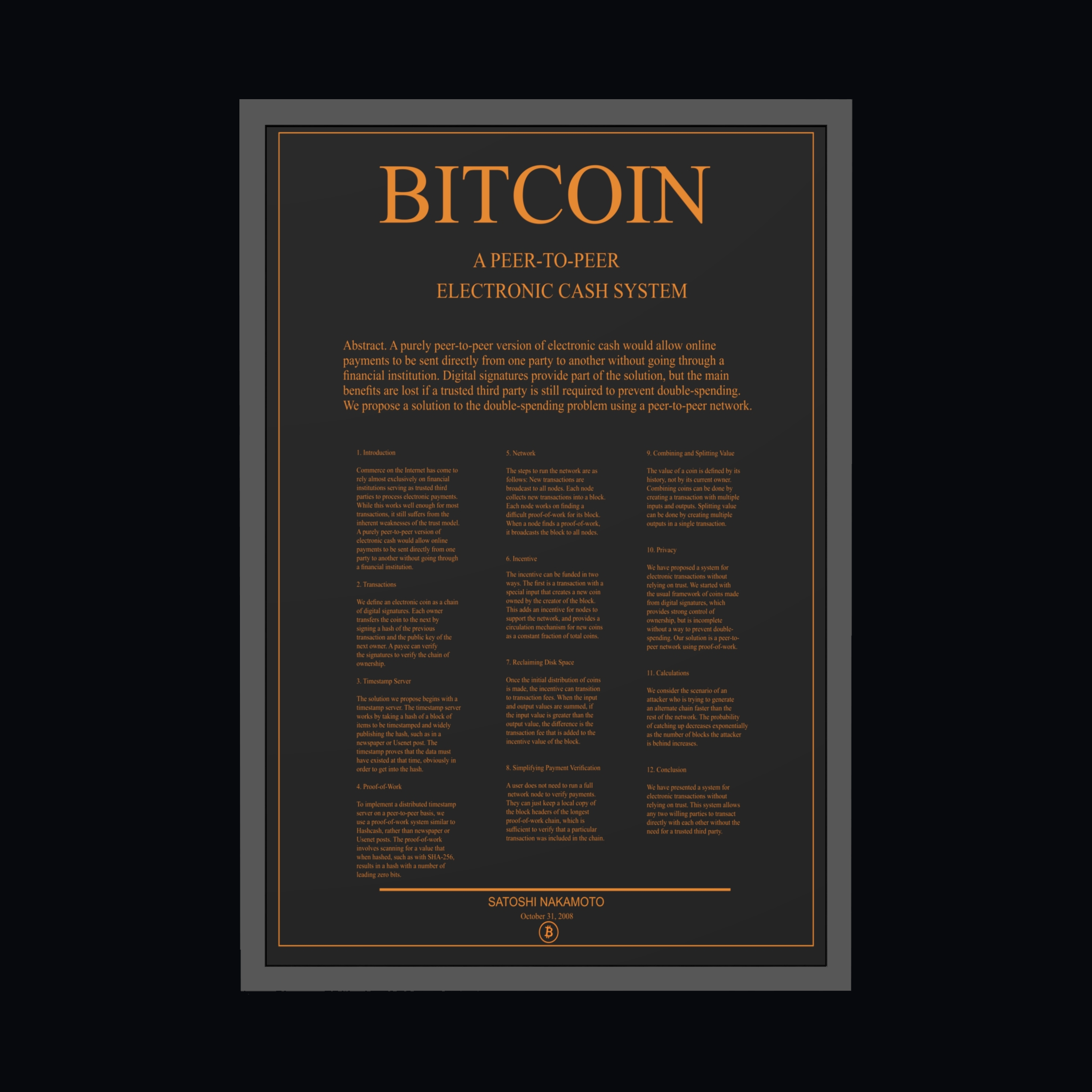 Front view of The Orange Paper framed artifact.