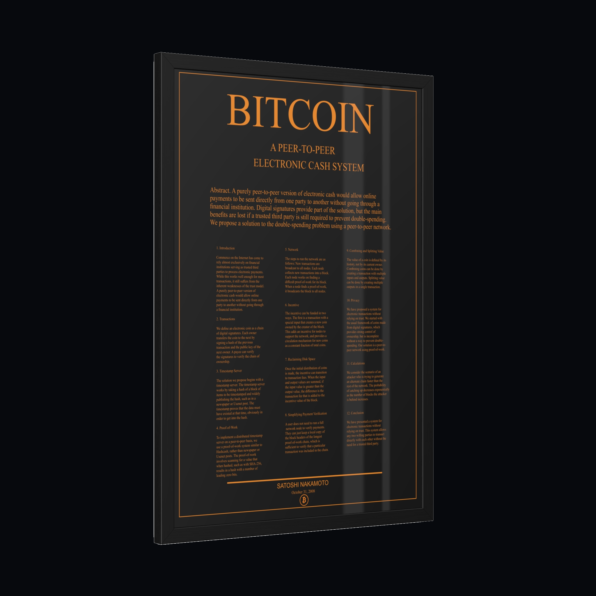 The Orange Paper framed Bitcoin whitepaper artifact displayed in a modern workspace.